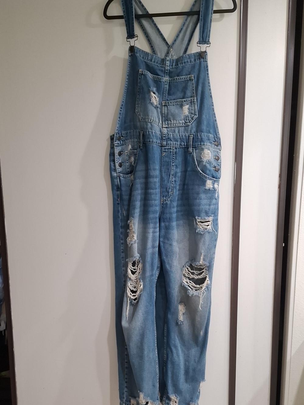 We The Free Distressed Light Blue Denim Overalls